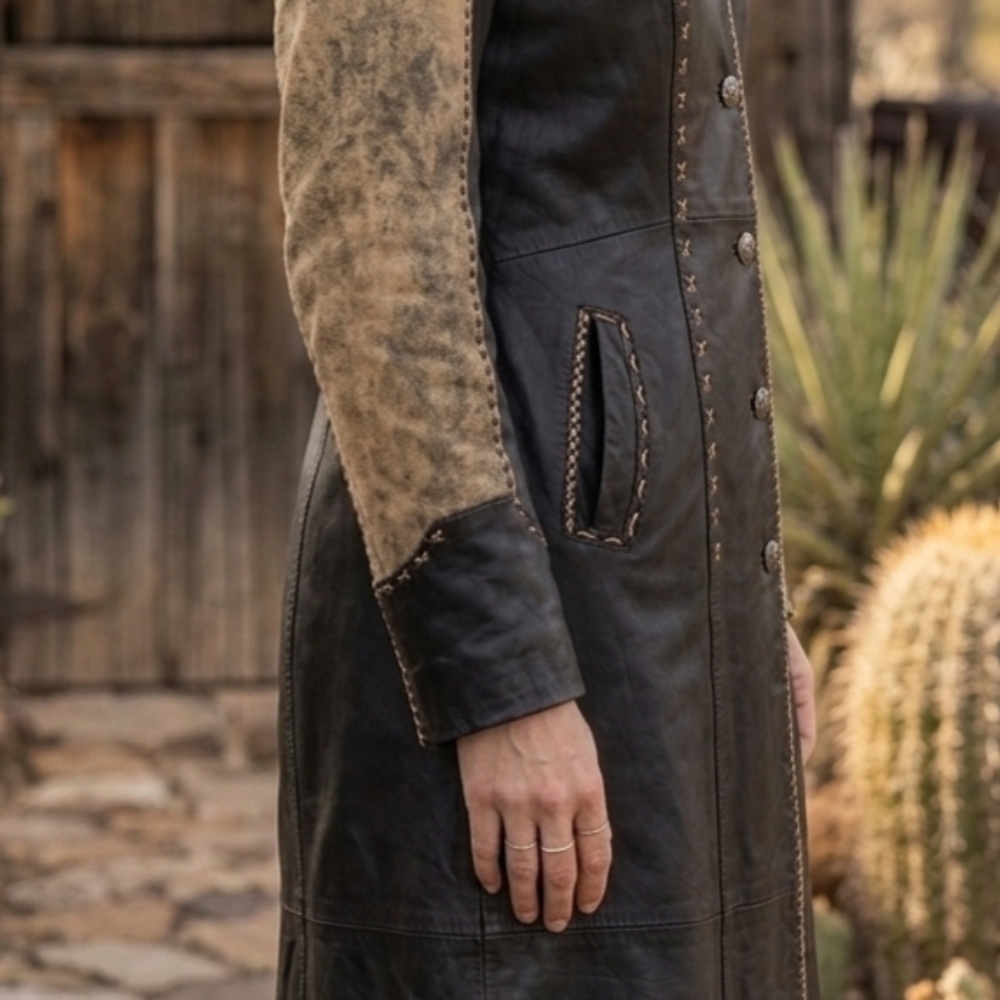 Elegant Black and Tan Genuine Leather Western Style Trench Jacket - Picture 2 of 11